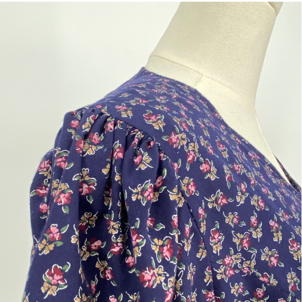 Vintage Navy Blue Pink Floral Midi Dress S Cottage Prairie Button Puff Sleeve - Picture 5 of 15